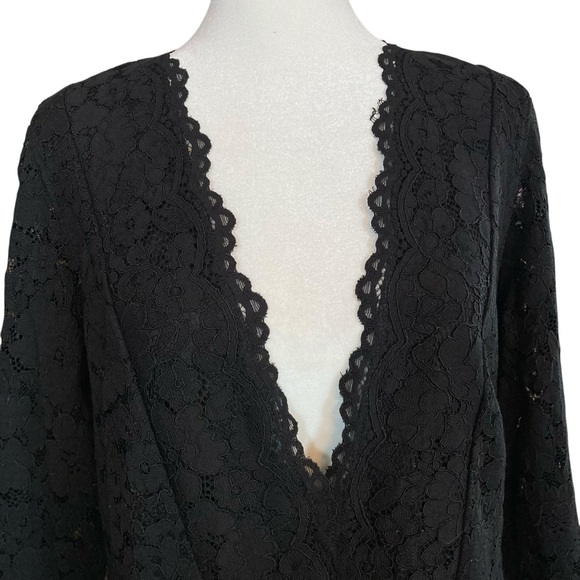 H&M Black Lace Bodycon Deep V-neck Mini Dress Long Sleeves (Size 14) - Picture 3 of 16
